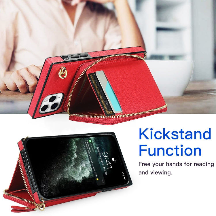 For iPhone 11 Pro Max Cross-body Zipper Big Wallet Bag Square TPU+PU Back Cover Case with Holder & Card Slots & Wallet & Strap