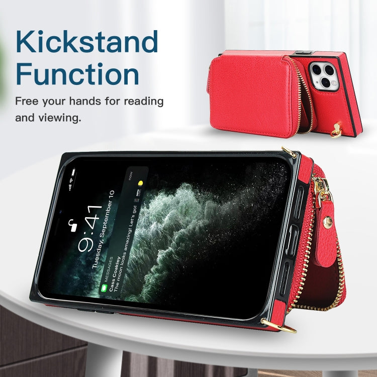For iPhone 11 Pro Max Cross-body Zipper Big Wallet Bag Square TPU+PU Back Cover Case with Holder & Card Slots & Wallet & Strap
