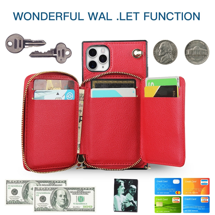 For iPhone 11 Pro Max Cross-body Zipper Big Wallet Bag Square TPU+PU Back Cover Case with Holder & Card Slots & Wallet & Strap