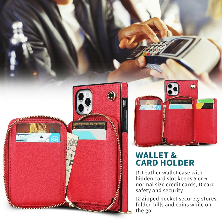For iPhone 11 Pro Max Cross-body Zipper Big Wallet Bag Square TPU+PU Back Cover Case with Holder & Card Slots & Wallet & Strap