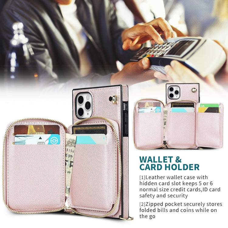For iPhone 11 Pro Max Cross-body Zipper Big Wallet Bag Square TPU+PU Back Cover Case with Holder & Card Slots & Wallet & Strap