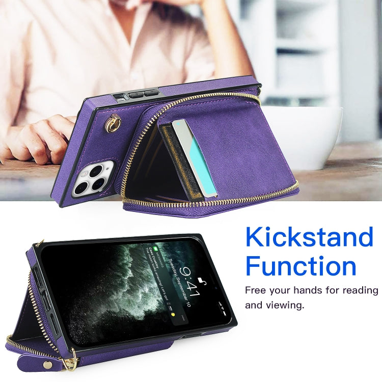 For iPhone 11 Pro Max Cross-body Zipper Big Wallet Bag Square TPU+PU Back Cover Case with Holder & Card Slots & Wallet & Strap