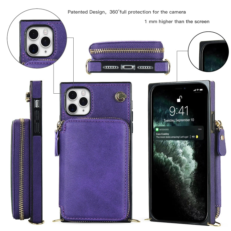 For iPhone 11 Pro Max Cross-body Zipper Big Wallet Bag Square TPU+PU Back Cover Case with Holder & Card Slots & Wallet & Strap