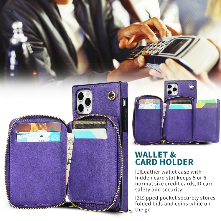 For iPhone 11 Pro Max Cross-body Zipper Big Wallet Bag Square TPU+PU Back Cover Case with Holder & Card Slots & Wallet & Strap