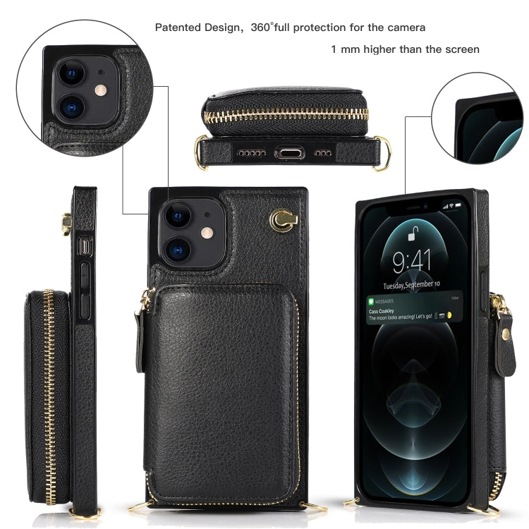 For iPhone 12 mini Cross-body Zipper Big Wallet Bag Square TPU+PU Back Cover Case with Holder & Card Slots & Wallet & Strap