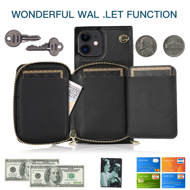 For iPhone 12 mini Cross-body Zipper Big Wallet Bag Square TPU+PU Back Cover Case with Holder & Card Slots & Wallet & Strap