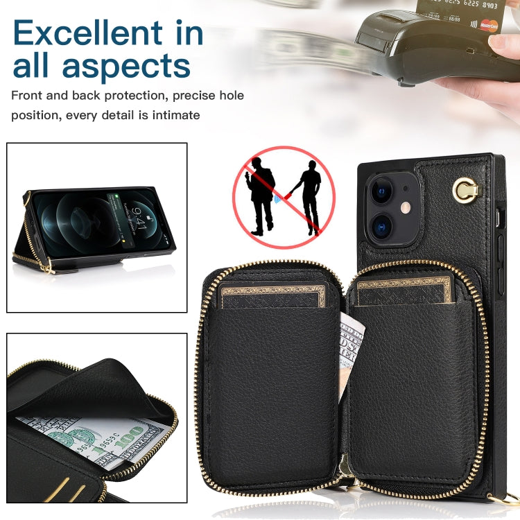 For iPhone 12 mini Cross-body Zipper Big Wallet Bag Square TPU+PU Back Cover Case with Holder & Card Slots & Wallet & Strap