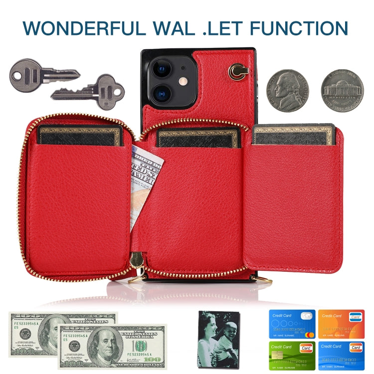 For iPhone 12 mini Cross-body Zipper Big Wallet Bag Square TPU+PU Back Cover Case with Holder & Card Slots & Wallet & Strap