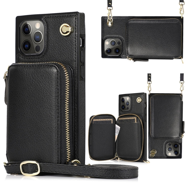 For iPhone 12 / 12 Pro Cross-body Zipper Big Wallet Bag Square TPU+PU Back Cover Case with Holder & Card Slots & Wallet & Strap