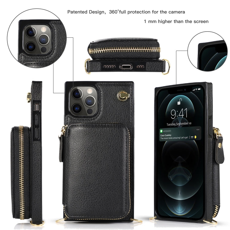 For iPhone 12 / 12 Pro Cross-body Zipper Big Wallet Bag Square TPU+PU Back Cover Case with Holder & Card Slots & Wallet & Strap