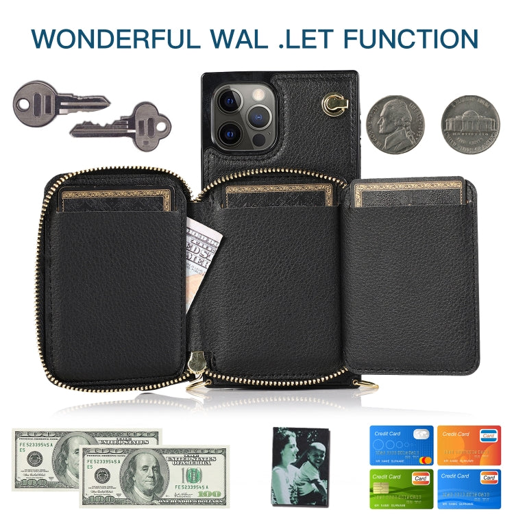 For iPhone 12 / 12 Pro Cross-body Zipper Big Wallet Bag Square TPU+PU Back Cover Case with Holder & Card Slots & Wallet & Strap