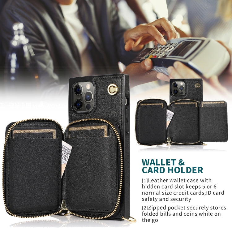 For iPhone 12 / 12 Pro Cross-body Zipper Big Wallet Bag Square TPU+PU Back Cover Case with Holder & Card Slots & Wallet & Strap