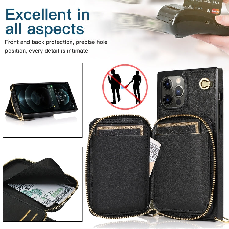 For iPhone 12 / 12 Pro Cross-body Zipper Big Wallet Bag Square TPU+PU Back Cover Case with Holder & Card Slots & Wallet & Strap