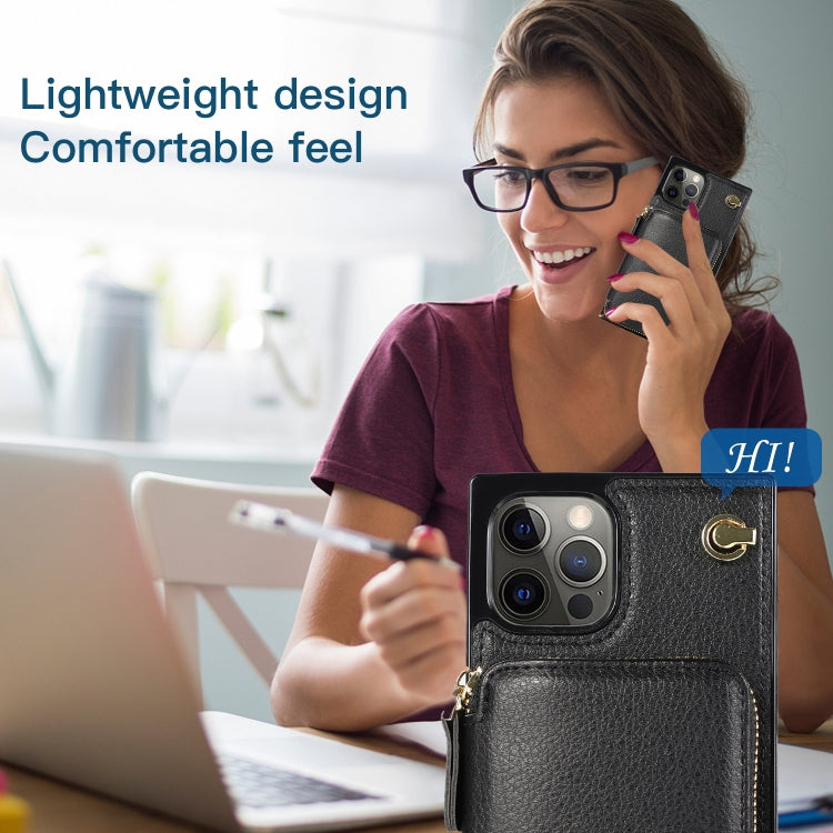 For iPhone 12 / 12 Pro Cross-body Zipper Big Wallet Bag Square TPU+PU Back Cover Case with Holder & Card Slots & Wallet & Strap