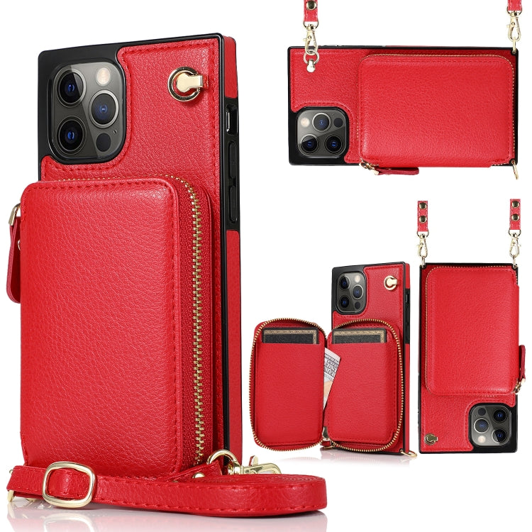 For iPhone 12 / 12 Pro Cross-body Zipper Big Wallet Bag Square TPU+PU Back Cover Case with Holder & Card Slots & Wallet & Strap