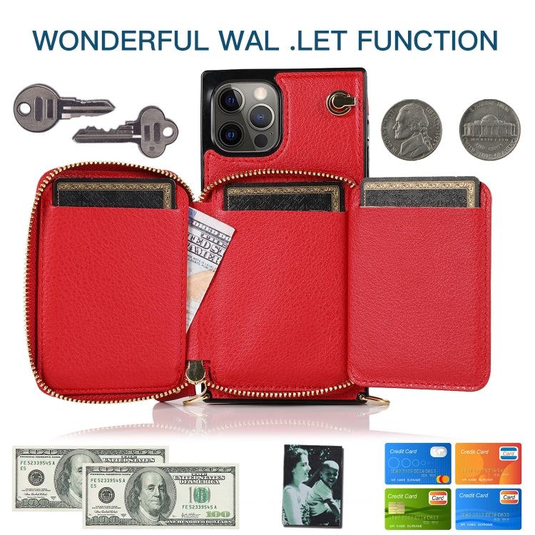 For iPhone 12 / 12 Pro Cross-body Zipper Big Wallet Bag Square TPU+PU Back Cover Case with Holder & Card Slots & Wallet & Strap
