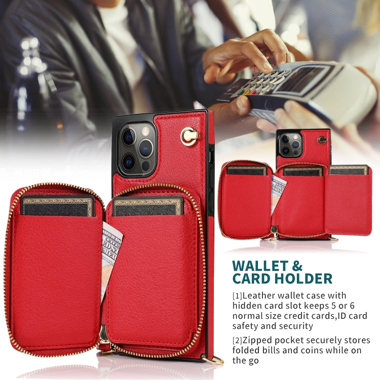 For iPhone 12 / 12 Pro Cross-body Zipper Big Wallet Bag Square TPU+PU Back Cover Case with Holder & Card Slots & Wallet & Strap