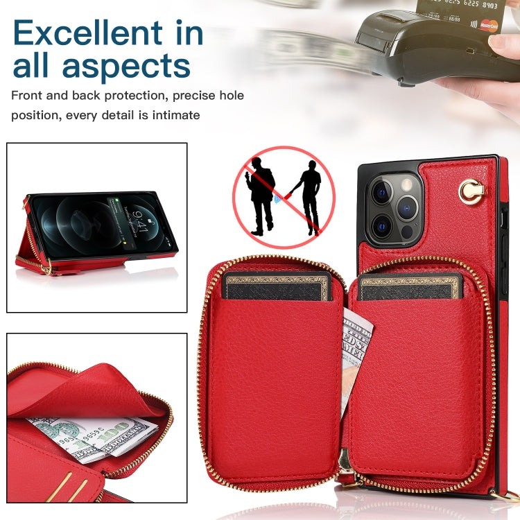 For iPhone 12 / 12 Pro Cross-body Zipper Big Wallet Bag Square TPU+PU Back Cover Case with Holder & Card Slots & Wallet & Strap