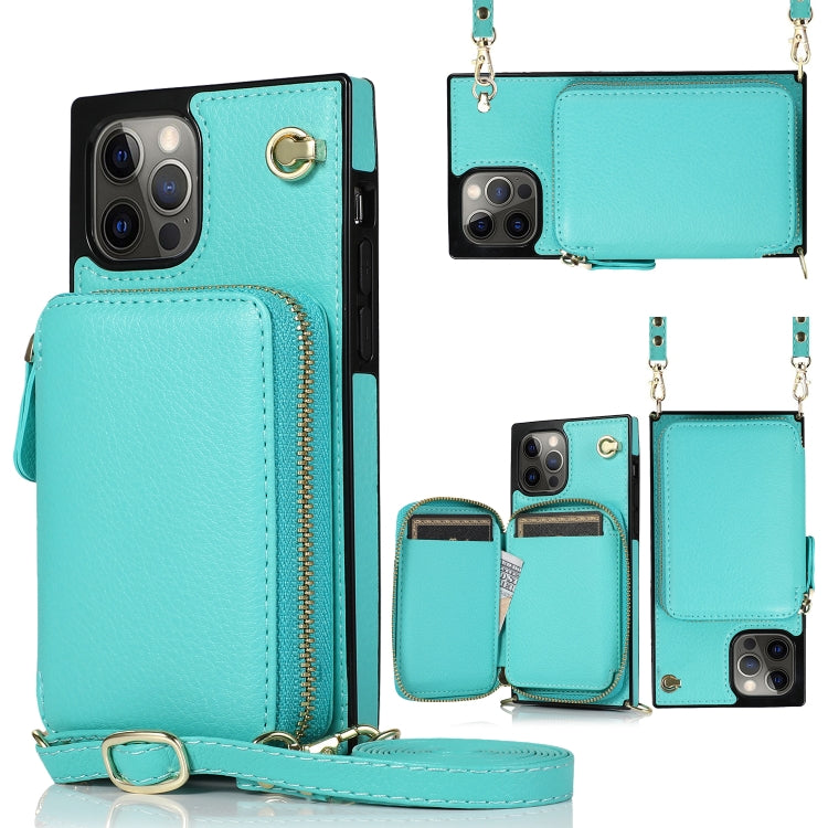 For iPhone 12 / 12 Pro Cross-body Zipper Big Wallet Bag Square TPU+PU Back Cover Case with Holder & Card Slots & Wallet & Strap