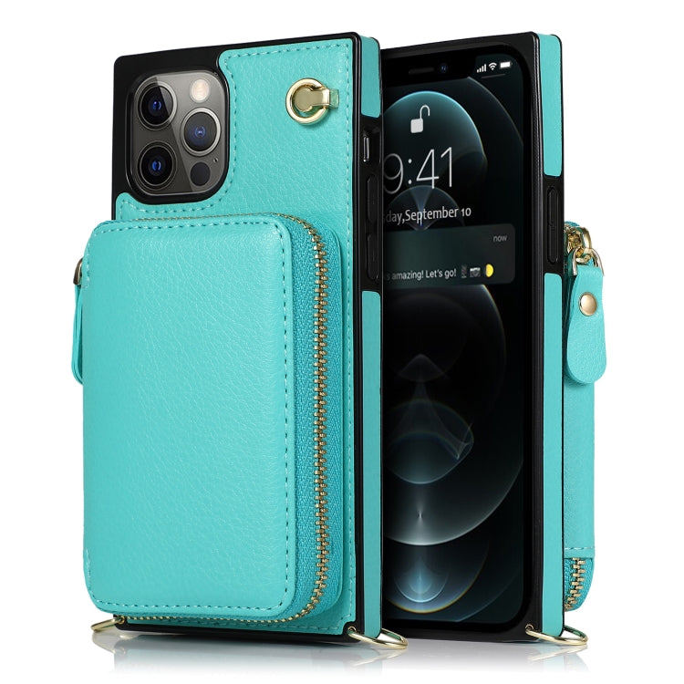 For iPhone 12 / 12 Pro Cross-body Zipper Big Wallet Bag Square TPU+PU Back Cover Case with Holder & Card Slots & Wallet & Strap