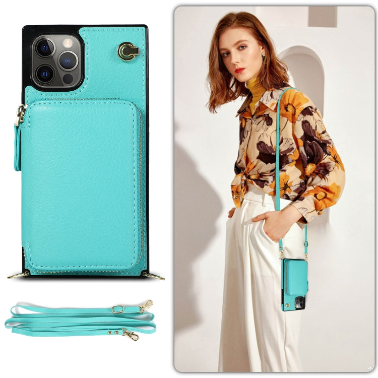 For iPhone 12 / 12 Pro Cross-body Zipper Big Wallet Bag Square TPU+PU Back Cover Case with Holder & Card Slots & Wallet & Strap