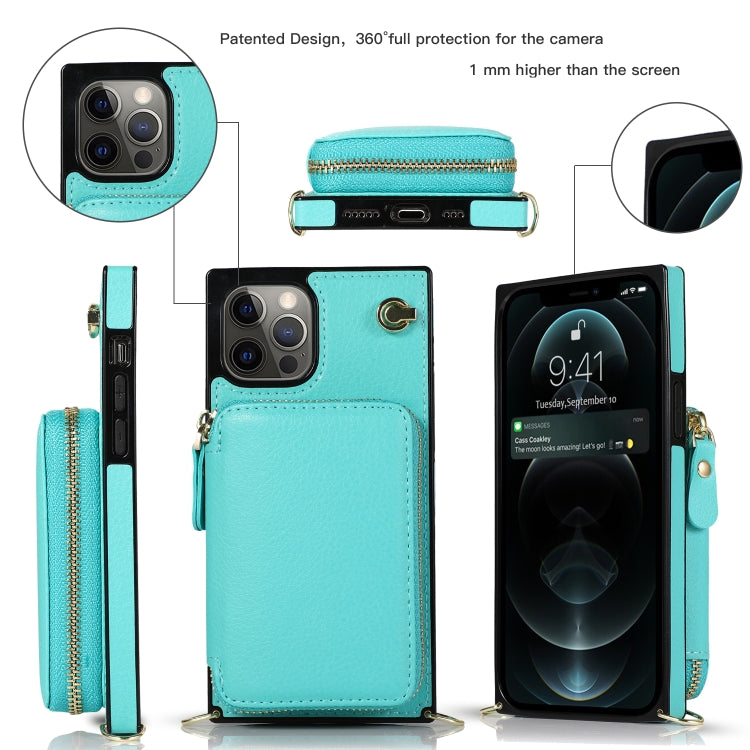 For iPhone 12 / 12 Pro Cross-body Zipper Big Wallet Bag Square TPU+PU Back Cover Case with Holder & Card Slots & Wallet & Strap