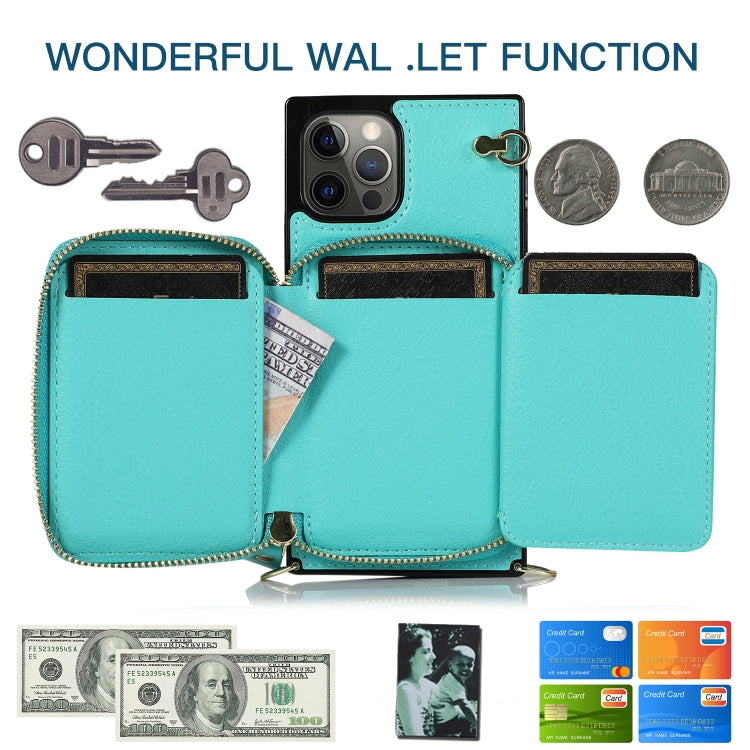 For iPhone 12 / 12 Pro Cross-body Zipper Big Wallet Bag Square TPU+PU Back Cover Case with Holder & Card Slots & Wallet & Strap