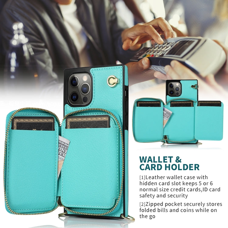 For iPhone 12 / 12 Pro Cross-body Zipper Big Wallet Bag Square TPU+PU Back Cover Case with Holder & Card Slots & Wallet & Strap