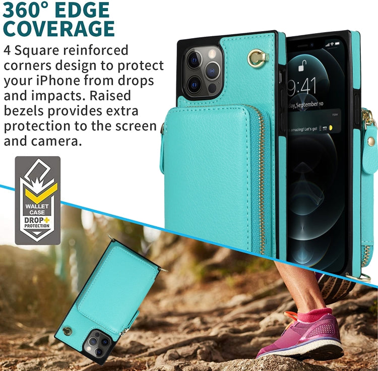 For iPhone 12 / 12 Pro Cross-body Zipper Big Wallet Bag Square TPU+PU Back Cover Case with Holder & Card Slots & Wallet & Strap