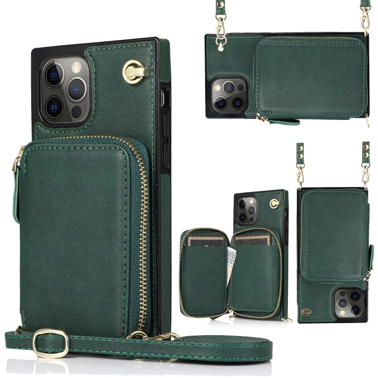 For iPhone 12 / 12 Pro Cross-body Zipper Big Wallet Bag Square TPU+PU Back Cover Case with Holder & Card Slots & Wallet & Strap