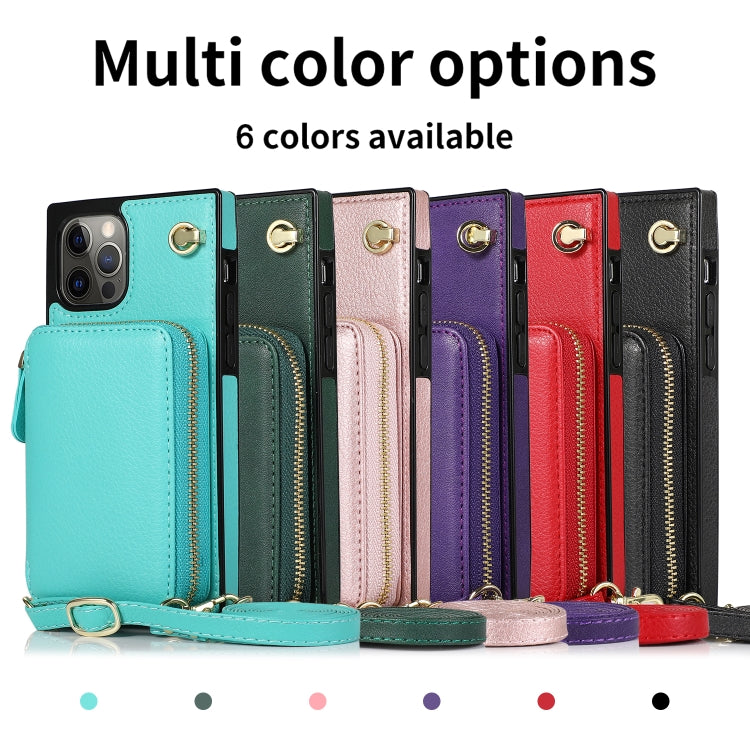For iPhone 12 / 12 Pro Cross-body Zipper Big Wallet Bag Square TPU+PU Back Cover Case with Holder & Card Slots & Wallet & Strap