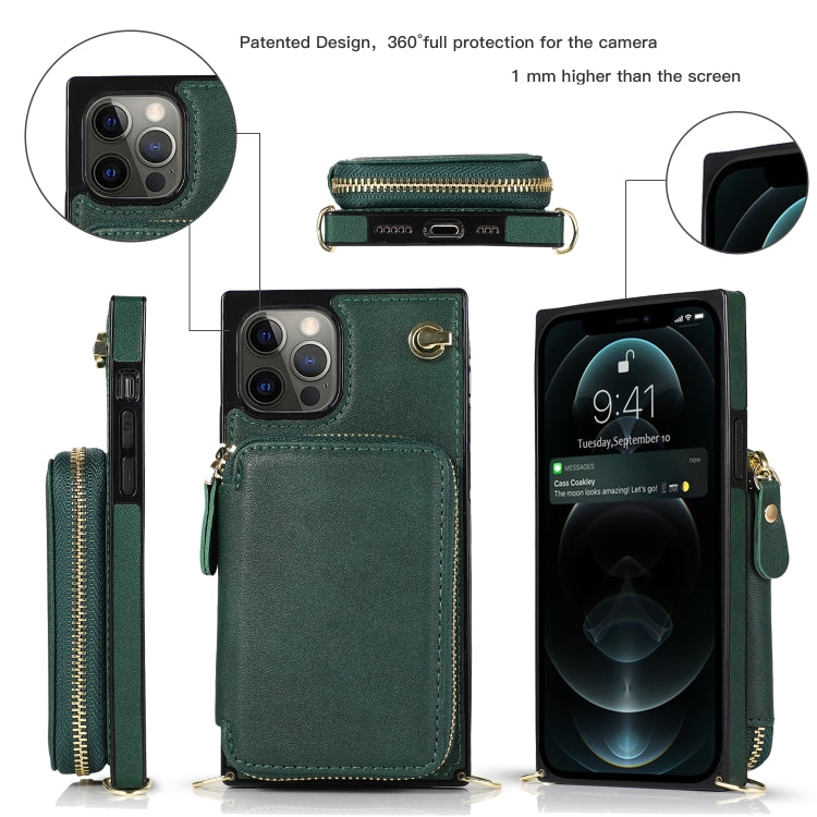 For iPhone 12 / 12 Pro Cross-body Zipper Big Wallet Bag Square TPU+PU Back Cover Case with Holder & Card Slots & Wallet & Strap