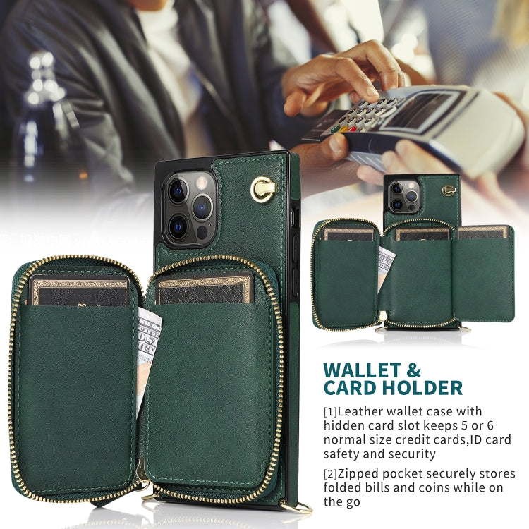 For iPhone 12 / 12 Pro Cross-body Zipper Big Wallet Bag Square TPU+PU Back Cover Case with Holder & Card Slots & Wallet & Strap