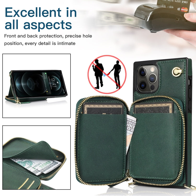 For iPhone 12 / 12 Pro Cross-body Zipper Big Wallet Bag Square TPU+PU Back Cover Case with Holder & Card Slots & Wallet & Strap