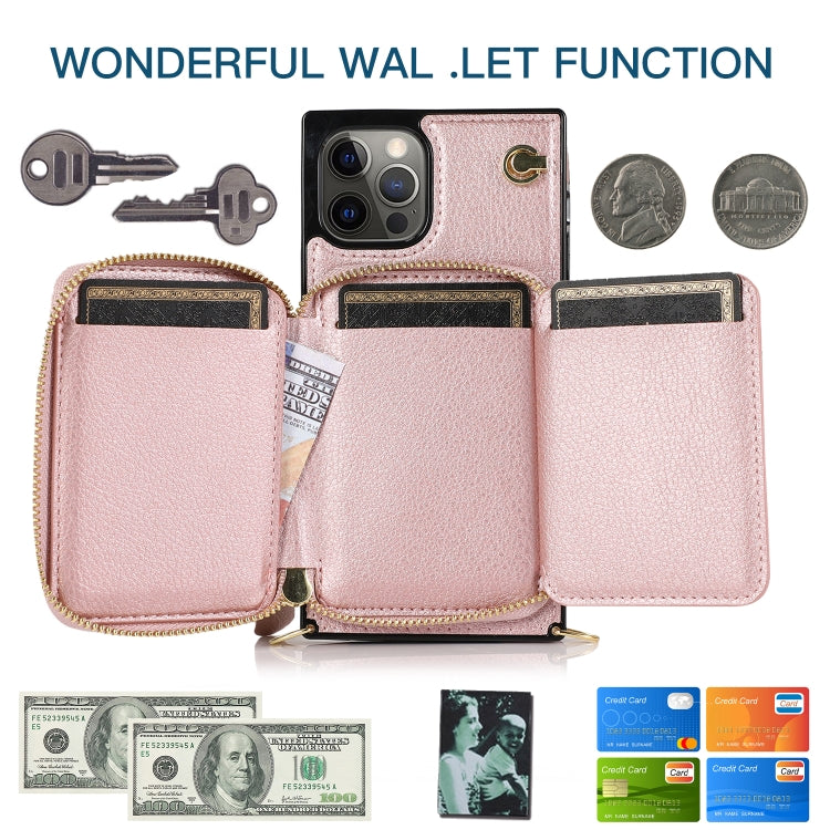 For iPhone 12 / 12 Pro Cross-body Zipper Big Wallet Bag Square TPU+PU Back Cover Case with Holder & Card Slots & Wallet & Strap