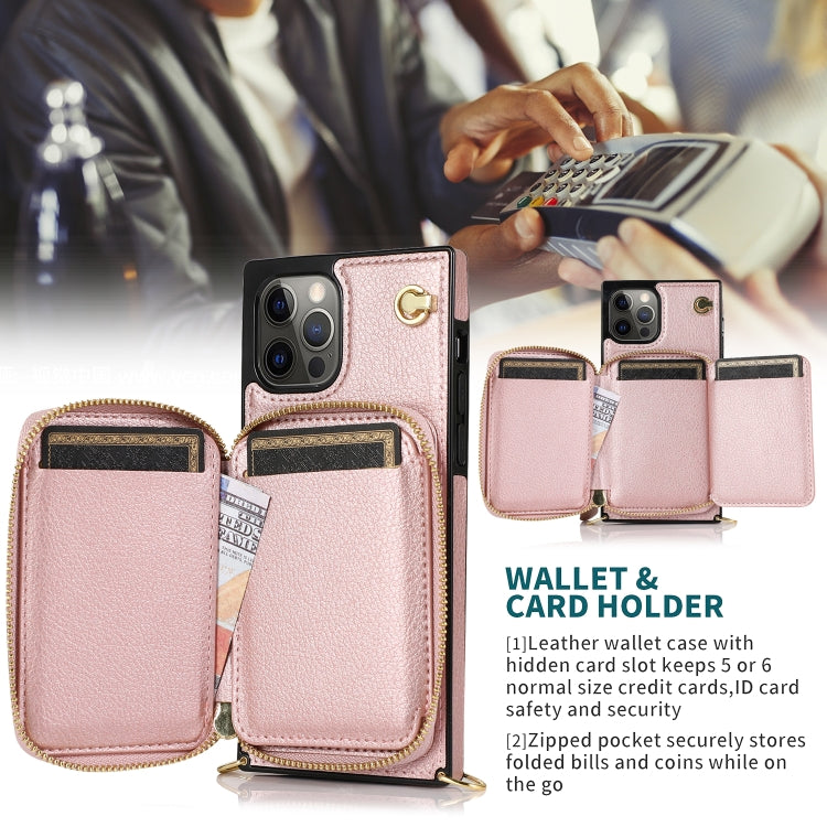 For iPhone 12 / 12 Pro Cross-body Zipper Big Wallet Bag Square TPU+PU Back Cover Case with Holder & Card Slots & Wallet & Strap
