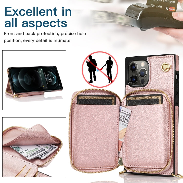For iPhone 12 / 12 Pro Cross-body Zipper Big Wallet Bag Square TPU+PU Back Cover Case with Holder & Card Slots & Wallet & Strap
