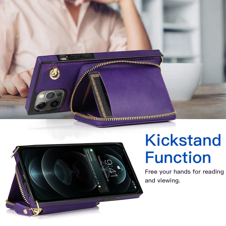 For iPhone 12 / 12 Pro Cross-body Zipper Big Wallet Bag Square TPU+PU Back Cover Case with Holder & Card Slots & Wallet & Strap