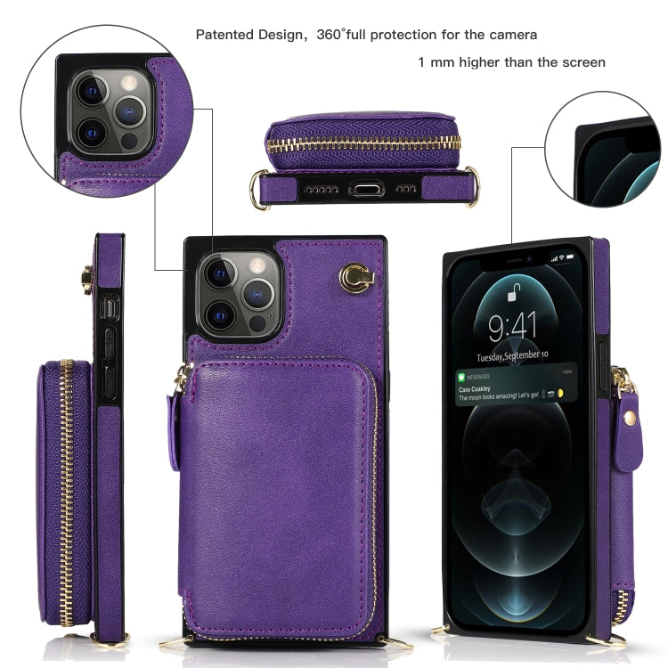 For iPhone 12 / 12 Pro Cross-body Zipper Big Wallet Bag Square TPU+PU Back Cover Case with Holder & Card Slots & Wallet & Strap