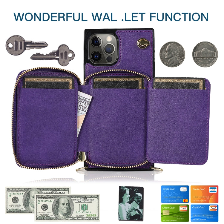 For iPhone 12 / 12 Pro Cross-body Zipper Big Wallet Bag Square TPU+PU Back Cover Case with Holder & Card Slots & Wallet & Strap