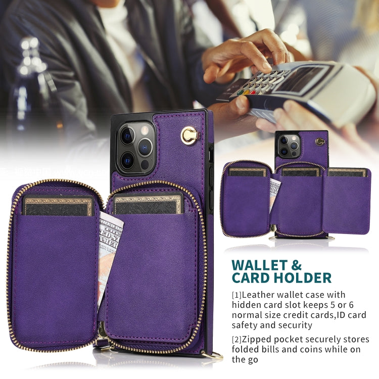 For iPhone 12 / 12 Pro Cross-body Zipper Big Wallet Bag Square TPU+PU Back Cover Case with Holder & Card Slots & Wallet & Strap
