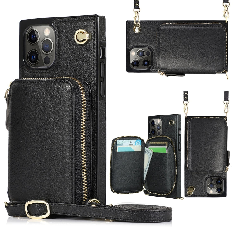 For iPhone 12 Pro Max Cross-body Zipper Big Wallet Bag Square TPU+PU Back Cover Case with Holder & Card Slots & Wallet & Strap