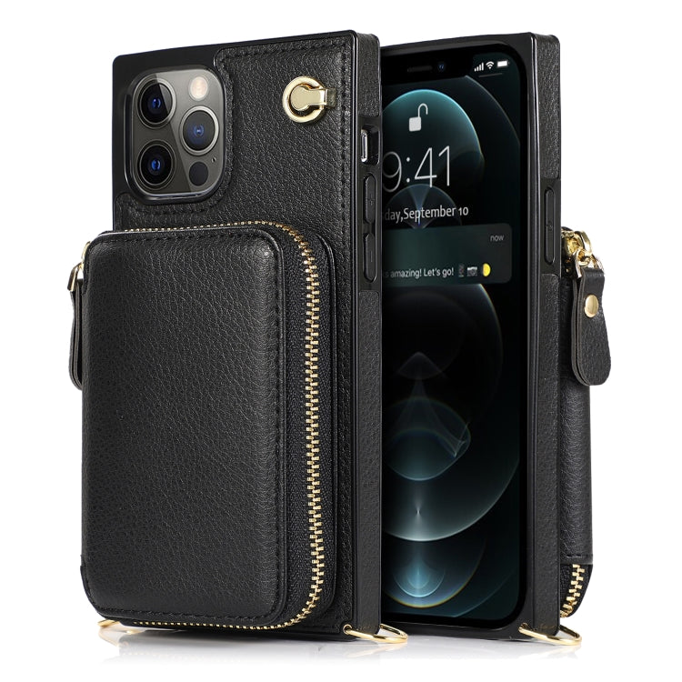For iPhone 12 Pro Max Cross-body Zipper Big Wallet Bag Square TPU+PU Back Cover Case with Holder & Card Slots & Wallet & Strap