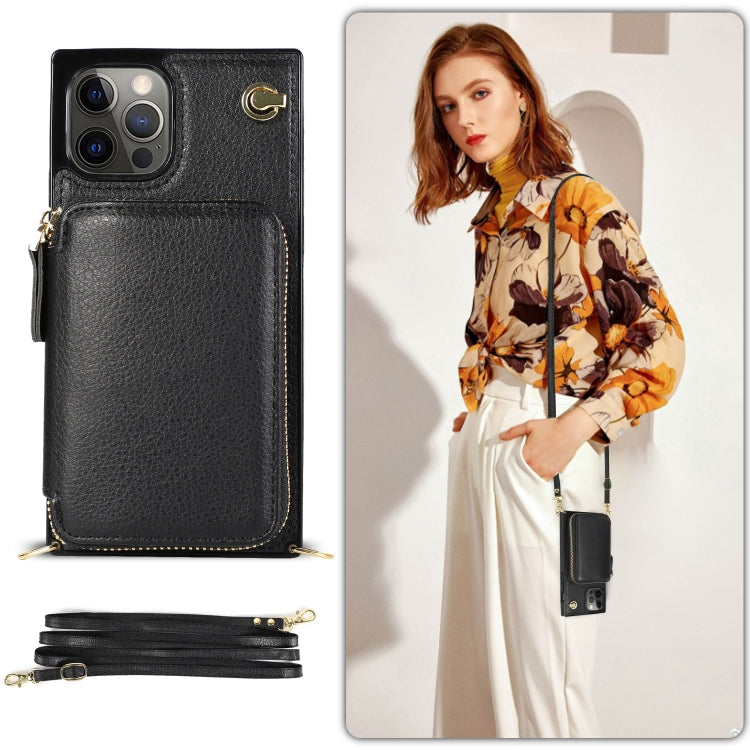 For iPhone 12 Pro Max Cross-body Zipper Big Wallet Bag Square TPU+PU Back Cover Case with Holder & Card Slots & Wallet & Strap