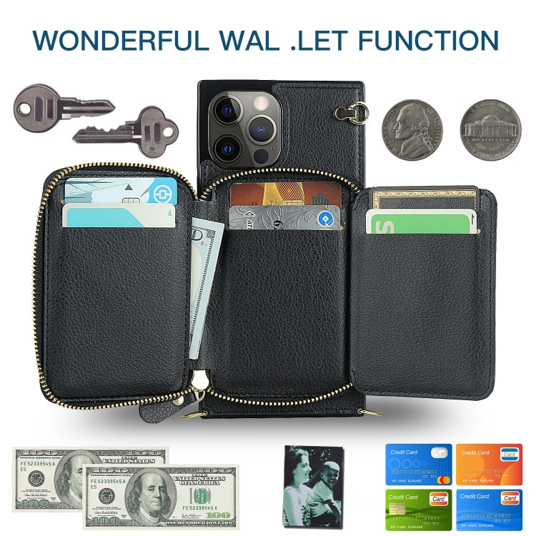 For iPhone 12 Pro Max Cross-body Zipper Big Wallet Bag Square TPU+PU Back Cover Case with Holder & Card Slots & Wallet & Strap