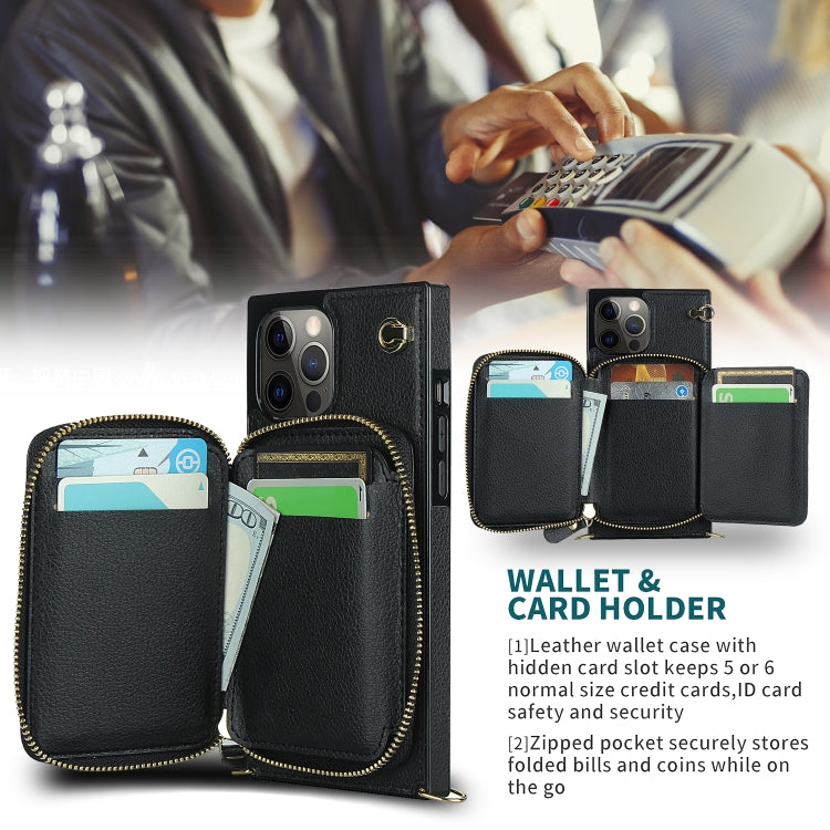 For iPhone 12 Pro Max Cross-body Zipper Big Wallet Bag Square TPU+PU Back Cover Case with Holder & Card Slots & Wallet & Strap