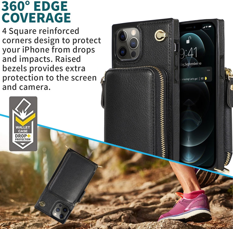 For iPhone 12 Pro Max Cross-body Zipper Big Wallet Bag Square TPU+PU Back Cover Case with Holder & Card Slots & Wallet & Strap