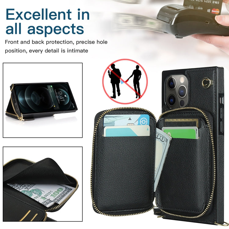 For iPhone 12 Pro Max Cross-body Zipper Big Wallet Bag Square TPU+PU Back Cover Case with Holder & Card Slots & Wallet & Strap