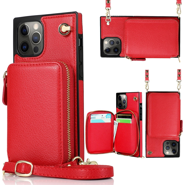 For iPhone 12 Pro Max Cross-body Zipper Big Wallet Bag Square TPU+PU Back Cover Case with Holder & Card Slots & Wallet & Strap