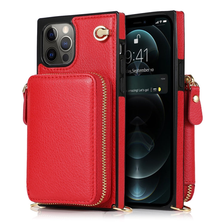 For iPhone 12 Pro Max Cross-body Zipper Big Wallet Bag Square TPU+PU Back Cover Case with Holder & Card Slots & Wallet & Strap